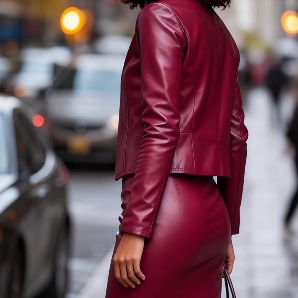 Women's Fitted Faux Leather Blazer in Burgundy - Picture 4 of 6